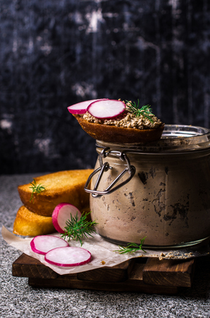Toast with liver pate and radish on a dark background. Selective focus.の写真素材