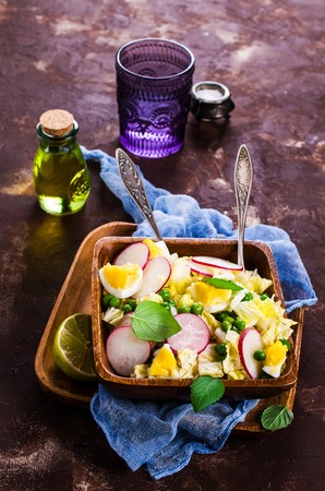 Salad from raw vegetables with egg. Selective focus.の写真素材