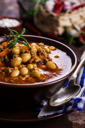Meat soup with beans and vegetables. Selective focus.の写真素材