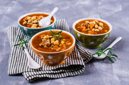 Meat soup with beans and vegetables. Selective focusの写真素材