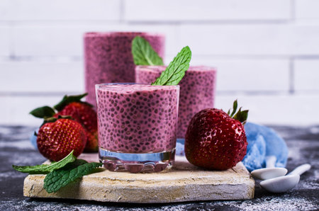 Smoothies with chia seeds and strawberries. Selective focus.の写真素材