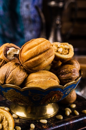 Round nut stuffed biscuits. Selective focus.の写真素材