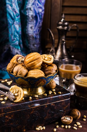 Round nut stuffed biscuits. Selective focus.の写真素材