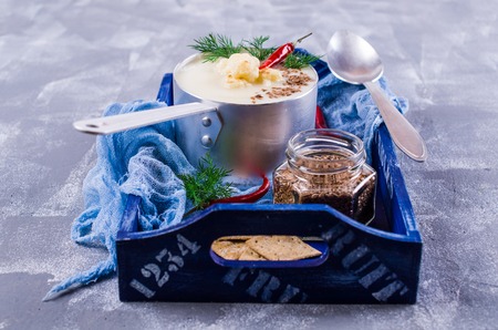 Creamy cauliflower soup with flax seeds. Selective focus.の写真素材