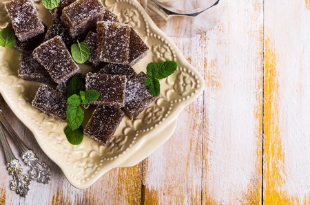 Homemade fruit marmalade in sugar with mint. Selective focus.の写真素材