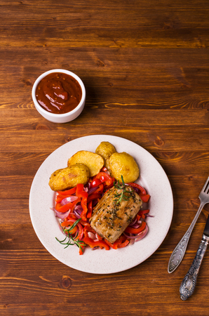 Roasted meat with spices and vegetables. Selective focus.の写真素材