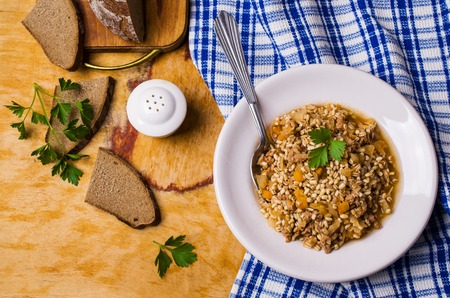 Pearl barley with vegetables and minced meat. Selective focus.の写真素材