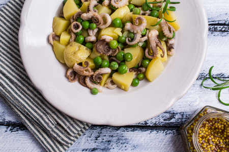 Octopus with vegetables in the plate on the table. Selective focus.の写真素材