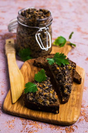 Mushroom caviar with vegetables and spices on the table. Selective focus.