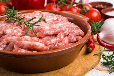 Raw minced meat with red vegetables and spices. Selective focus.