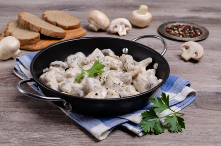 Slices of mushrooms and meat with white sauce on wooden background. Selective focus.の写真素材