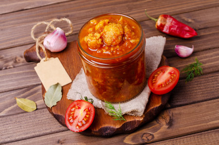 Canned cauliflower with vegetables in tomato sauce in a jar on a dark wooden background. Selective focus.の写真素材