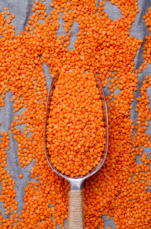 Dry red lentils in a metal scoop on a blue textile background. Top view. Design concept. Copy space.の写真素材
