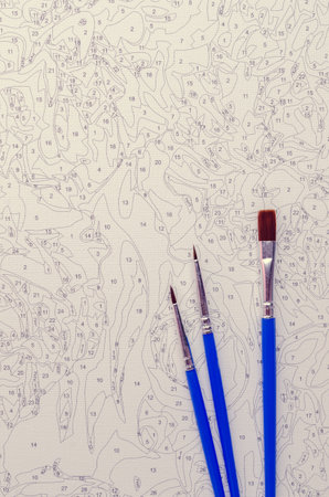 Painting by numbers. Set to paint the picture, includes a canvas, paints of different colors, brushes. Top view.の写真素材