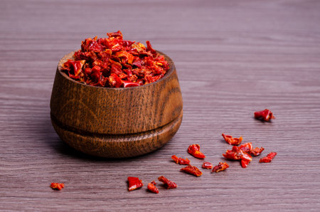 Slices of dry red pepper. A copy of the space. The concept of the design.の写真素材