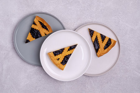 Shortbread pie with jam. Top view. Selective focus.の写真素材