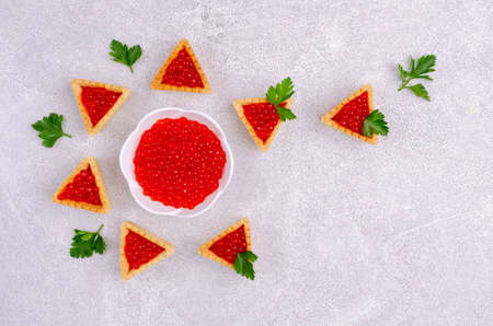 Red fish roe on a light background. Selective focus.の写真素材