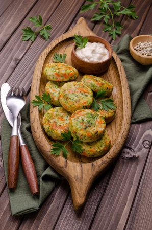 Fried vegetable cutlets with white sauce on a wooden background. Selective focus.の写真素材