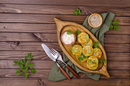 Fried vegetable cutlets with white sauce on a wooden background. Selective focus.の写真素材