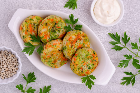 Fried vegetable cutlets with white sauce on a gray background. Selective focus.の写真素材