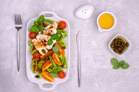 Salad of fresh vegetables. Yellow and red tomatoes, green peppers, capers, basil and feta cheese with spices. Gray background. Top view.の写真素材
