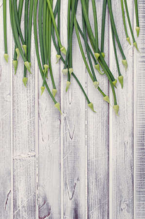 Stems green onion flowers on light wooden boards. Top view. Tinting. Selective focus.の写真素材