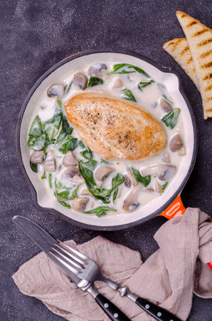 Fried bird breasts with stewed vegetables in white sauce on a cement background. Top view. Selective focus.の写真素材