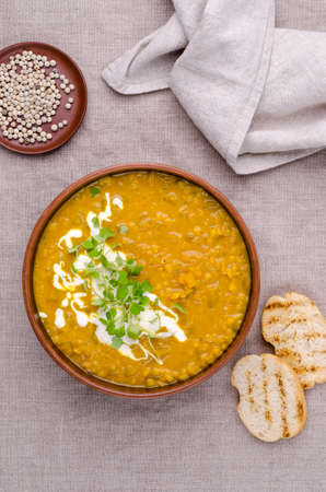 Thick soup with lentils and vegetables on a textile background. Selective focus.の写真素材