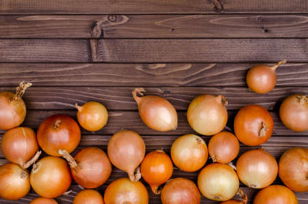Large raw onion on a wooden background. Design concept. View from above.の写真素材