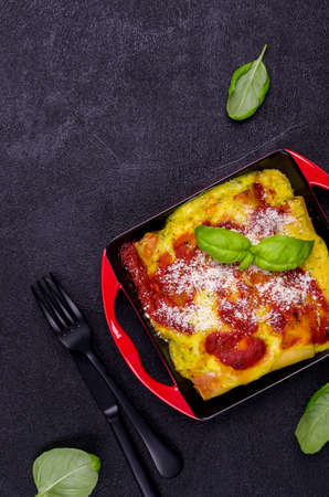 Traditional baked cannelloni with meat filling and sauce on a stone background. Selective focus. Top view.の写真素材