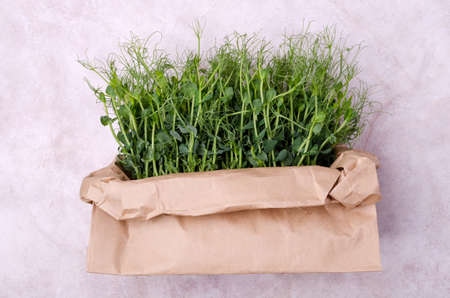 Organic fresh pea sprouts in a paper bag on a light background. selective focus. top view.の写真素材