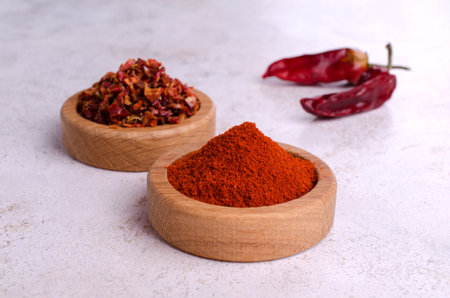 Crushed dry red pepper in a wooden dish. selective focus.