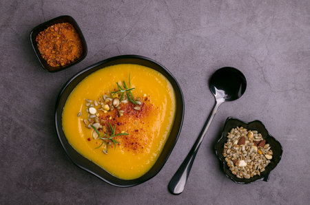 Yellow thick soup with nuts, seeds and red pepper on a dark background. top view.の写真素材