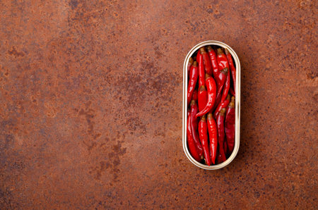 Pickled red hot peppers in a tin can on a rusty metal background. top view.