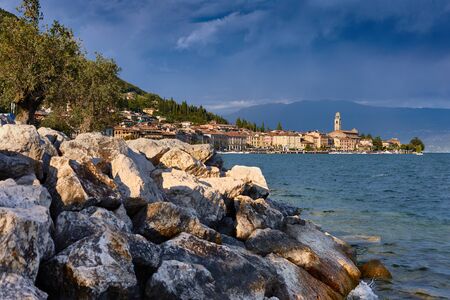 Little Harbour near Brescia. Colorful fisherman's boats and yachts in the harbour of lago di Garda, northern Italy.の写真素材