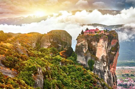 Meteora monasteries, Greece Kalambaka.  Colorful spring landscape. Monastery of Varlaam (Rousanou, Ypapanti, St. Nicholas Anapavsa)の写真素材