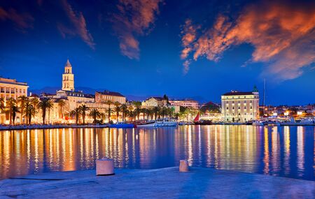 Split, Croatia. View of Split - the second largest city of Croatia at night. Shore of the Adriatic Sea and famous Palace of the Emperor Diocletian. Traveling concept background. Mediterranean countries.の写真素材