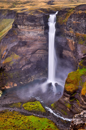 Panoramic view of Haifoss waterfall on the Fossa river near the volcano Hekla, one of the four...