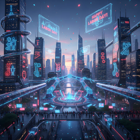 A vibrant, futuristic city skyline at dusk with neon lights and holographic displays celebrating Labor Day, featuring floating vehicles and glowing signs.の素材
