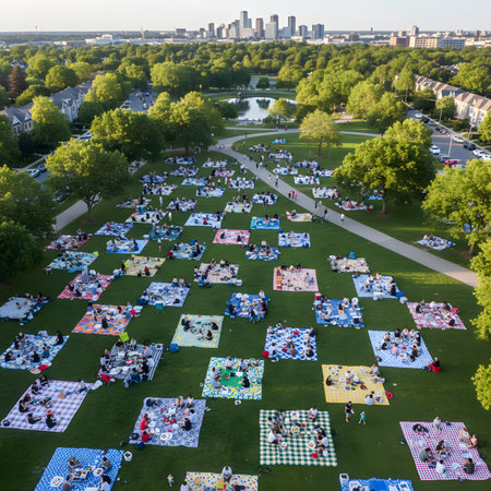 An aerial drone view of a large park with many people enjoying picnics on colorful blankets on the grass during the day, with a city skyline in the distance.の素材
