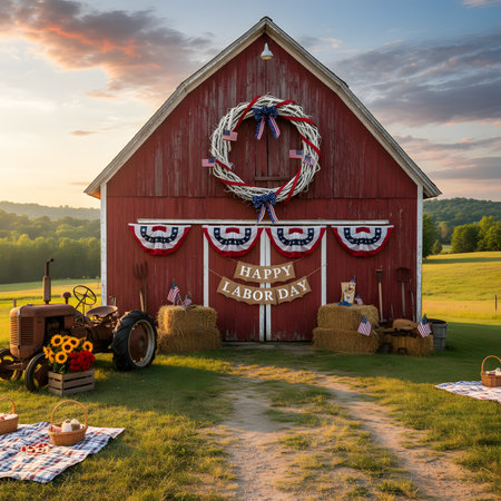 A rustic red barn and an old tractor are decorated with patriotic banners and a wreath for a Labor Day celebration in a sunny field.の素材