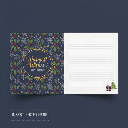 A festive holiday greeting card with a dark background featuring snowflakes and holly, a gold wreath with "Warmest Wishes" text, and space for a photo and a note.の素材