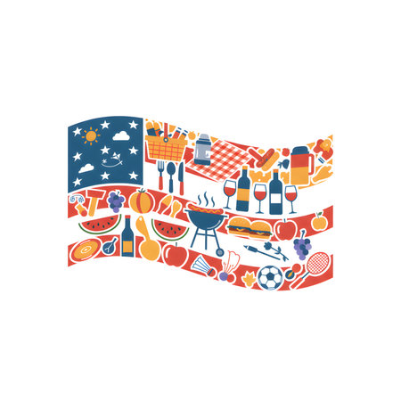 A stylized American flag created from an arrangement of Labor Day picnic and barbecue items, including food, drinks, sports equipment, and utensils.の素材