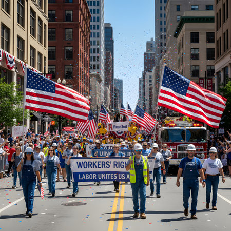 A vibrant illustration of a parade with American flags waving in the background and a diverse group of workers marching forward in celebration.の素材