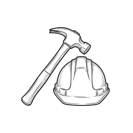 A simple, black-and-white outline illustration of a construction worker's hard hat and a hammer on a plain white background.の素材