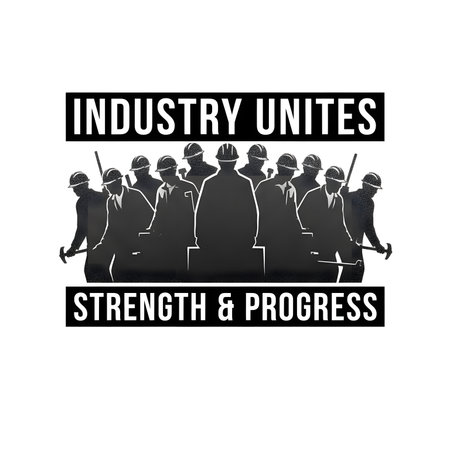 A black and white graphic featuring a group of silhouetted workers in hard hats holding hammers, with the text "Industry Unites" and "Strength & Progress."の素材
