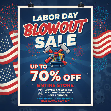 A vibrant, modern poster advertising "Labor Day Sale" with a megaphone and shopping icons like bags and a shopping cart, with a discount symbol.の素材