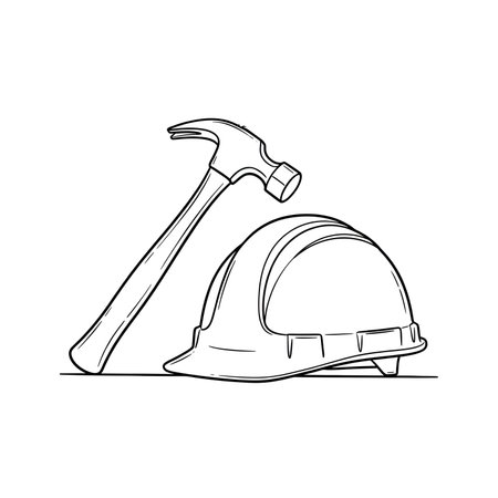 A simple line art illustration of a claw hammer and a hard hat on a plain white background.の素材