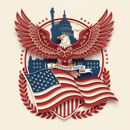 A detailed, layered paper-cut illustration of patriotic symbols, including a bald eagle, American flag, and the U.S. Capitol.の素材