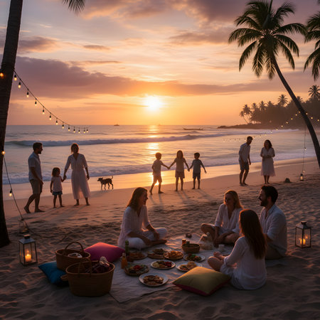 Multiple families are shown celebrating and having a picnic on a sandy beach at sunset, with string lights and the ocean in the background.の素材